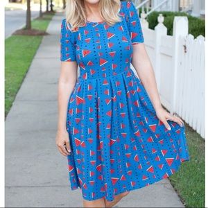 LuLaRoe Bright Blue Midi Dress with Red Triangle Print